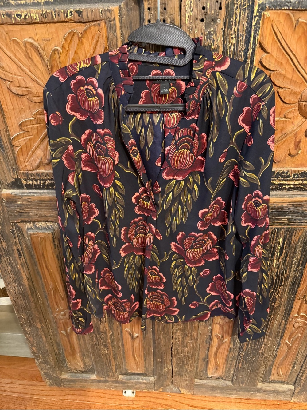 Ann Taylor Black Blouse with Red Floral Print